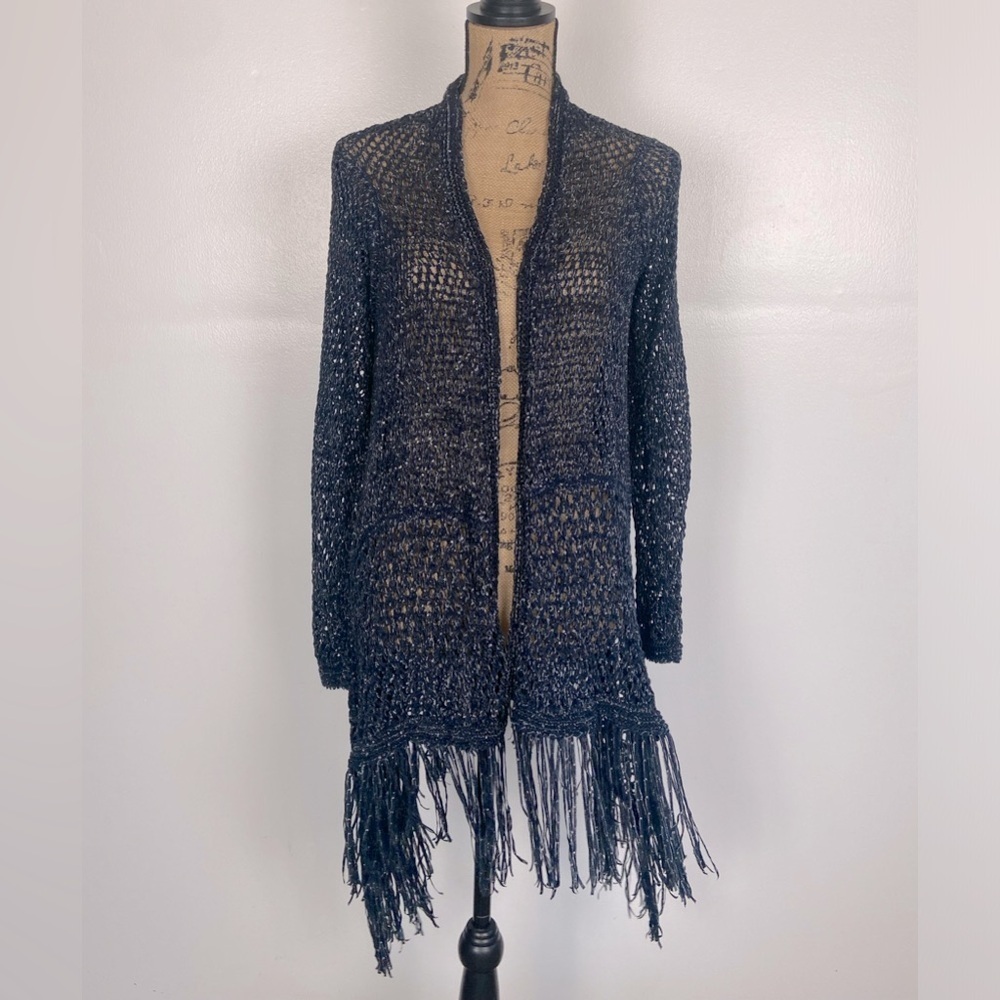 Chico's Fringe Crochet Duster Cardigan Size 0 US Small Boho Blue Open Knit
